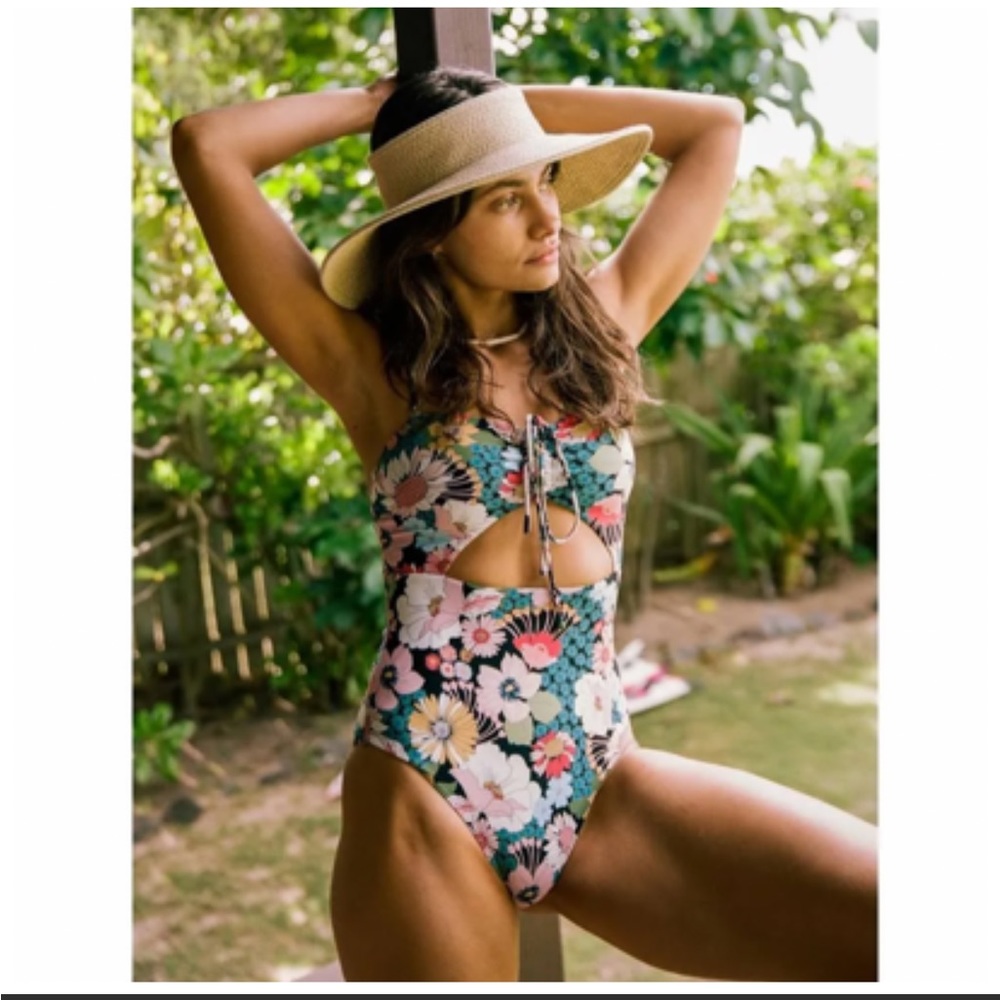 O'Neill Floral Cutout One Piece Swimsuit - Black, Pink, Blue